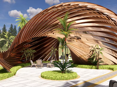 Curved Wooden Pergola with Wavy Design Green Plants and Outdoor Seating Area 3d model