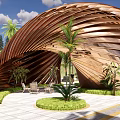 Curved Wooden Pergola with Wavy Design Green Plants and Outdoor Seating Area