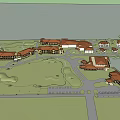 European Style Commercial Complex with Tower Red Roofs and Multi Story Buildings in Open Square