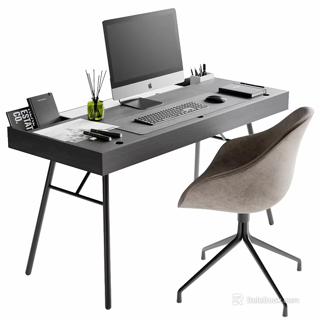 Modern Office Desk With Computer Setup Aromatic Diffuser Books And Ergonomic Chair 3d model