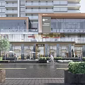 Modern Commercial Building Outdoor Leisure Area With Glass Facade Umbrellas Seating Greenery And Pedestrians
