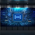 Modern Technology Background Wall With Blue LED Strips And Circuit Board 3d model