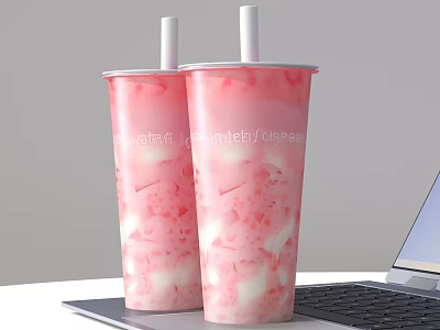 Pink Milk Tea Cups With White Bubbles And Straws On Laptop 3d model