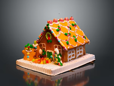 Gingerbread House Decorated with Colorful Candies Gingerbread Men and Frosting on White Base 3d model