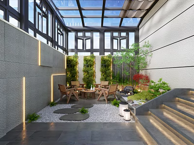Modern Courtyard Garden with Glass Roof Gray Walls Wooden Furniture Green Plants and Gravel Floor 3d model