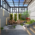 Modern Courtyard Garden with Glass Roof Gray Walls Wooden Furniture Green Plants and Gravel Floor