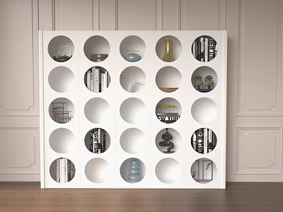 White Bookcase With Circular Compartments Holding Books And Decorative Sculptures In Modern Interior 3d model