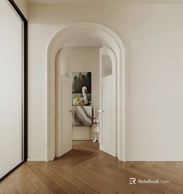 Modern Home Interior Featuring White Double Doors With Arched Frame And Wooden Floor 3d model 