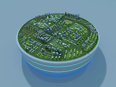 Aerial Planning of Circular City with Green Spaces Modern Buildings and Blue Lines 3d model