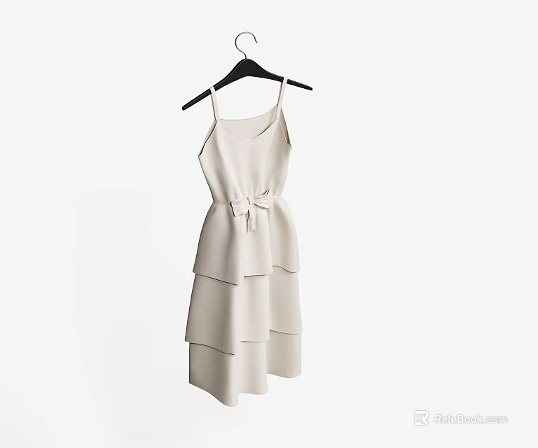 Beige Spaghetti Strap Layered Ruffle Dress with Waist Bow Hanging on Black Hanger 3d model 