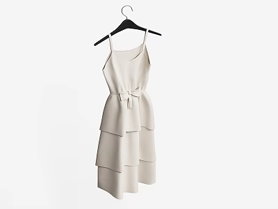 Beige Spaghetti Strap Layered Ruffle Dress with Waist Bow Hanging on Black Hanger 3d model