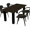 Modern Dining Table Set with Rectangular Wooden Tabletop Black Legs and Four Dark Chairs 3d model
