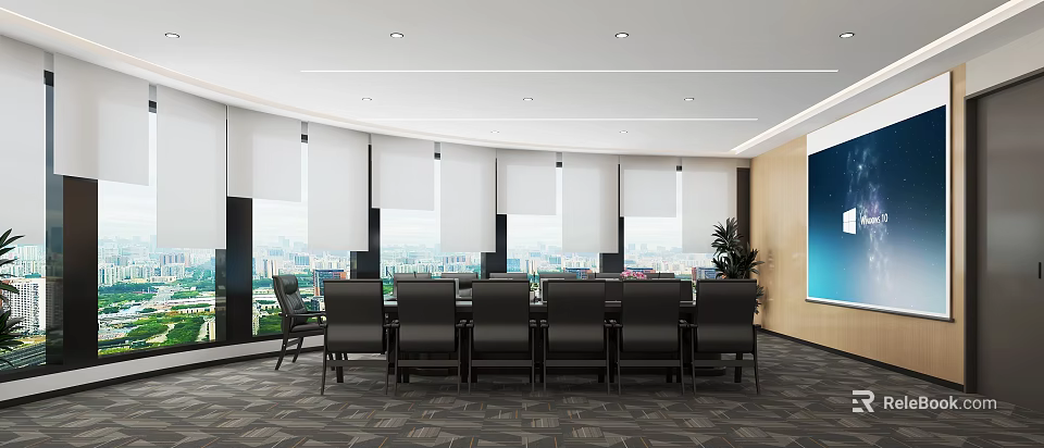 Modern Conference Room Interior Design With Roll Up Blinds Black Chairs And City View 3d model 