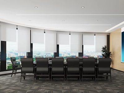 Modern Conference Room Interior Design With Roll Up Blinds Black Chairs And City View 3d model