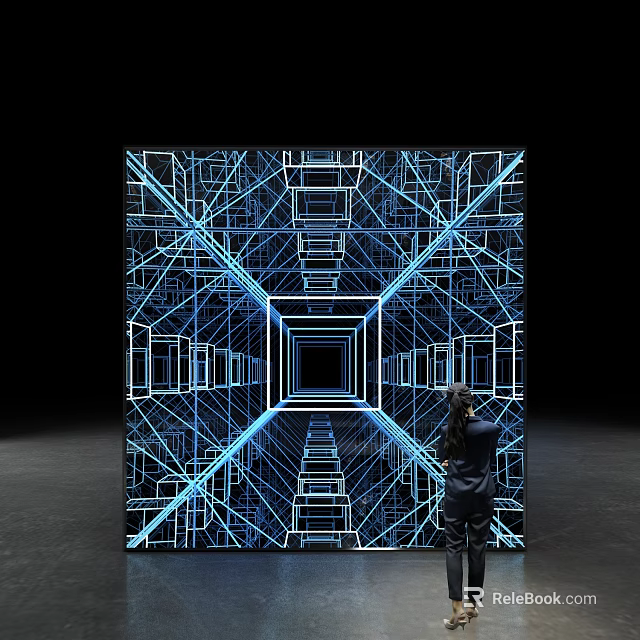 Person Standing Before Blue Geometric Line Pattern With Infinite Tunnel Illusion 3d model 