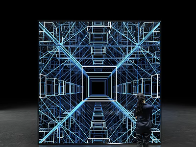Person Standing Before Blue Geometric Line Pattern With Infinite Tunnel Illusion 3d model
