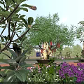 Lush Garden Landscape With Green Trees Purple Flowers Fire Pit Flames And Blue Sky