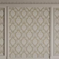 Beige And Cream Bedroom Accent Wall With Symmetrical Patterned Wallpaper And Decorative Molding