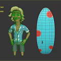 Cheerful Cartoon Male Character With Blonde Hair Blue Shirt Shorts And Red Dots Surfboard