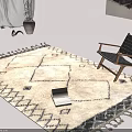 Square Cream Black Geometric Pattern Rug With Tassels And Woven Chair In Minimalist Room