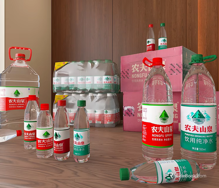 Nongfu Spring Bottled Water Display With Various Sizes And Carton Packaging 3d model 