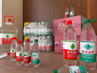 Nongfu Spring Bottled Water Display With Various Sizes And Carton Packaging 3d model