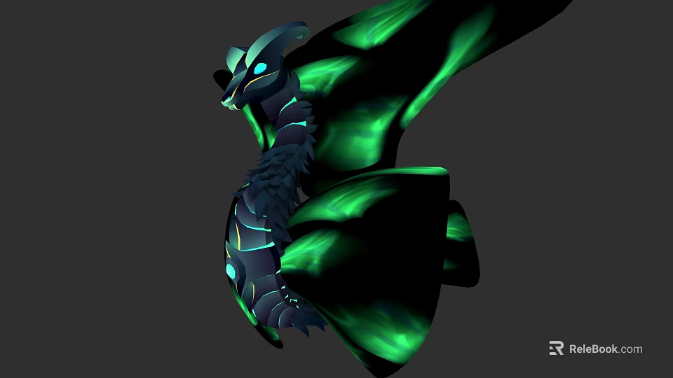 Mystical Fantasy Creature With Black Body Glowing Green Wings And Horned Head 3d model 