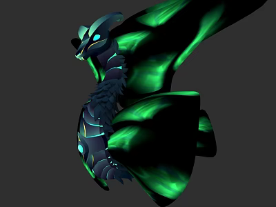 Mystical Fantasy Creature With Black Body Glowing Green Wings And Horned Head 3d model