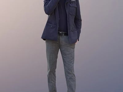 Stylish man wearing navy blazer dark shirt and gray pants in smart casual style 3d model