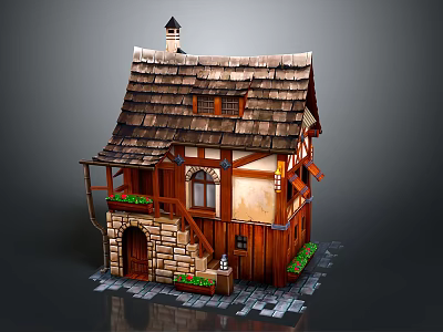 Cartoon Scene of Charming Wooden Cottage with Tiled Roof Stone Staircase and Flower Beds 3d model