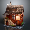 Cartoon Scene of Charming Wooden Cottage with Tiled Roof Stone Staircase and Flower Beds