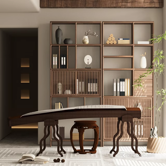 Traditional Chinese Wooden Display Shelf With Vases Books And Decorative Ornaments In Classic Living Room 3d model 