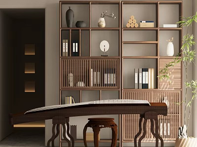 Traditional Chinese Wooden Display Shelf With Vases Books And Decorative Ornaments In Classic Living Room 3d model