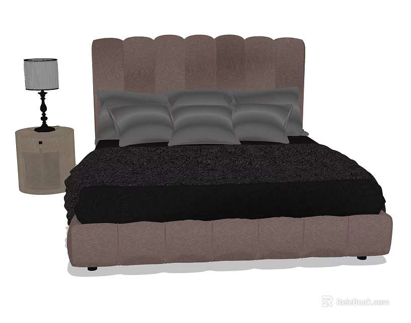 Brown Upholstered Double Bed with Black Bedspread Gray Pillows and Bedside Table Lamp 3d model