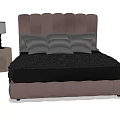 Brown Upholstered Double Bed with Black Bedspread Gray Pillows and Bedside Table Lamp 3d model