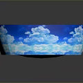 Scenic Floating Island with Lush Green Trees Orange Roof Cottage Blue Sky Clouds Central Path