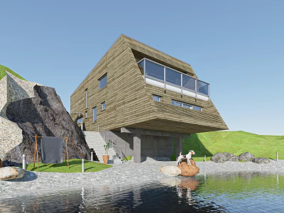 Modern Detached Villa By Waterfront With Green Lawn Rock Wooden Facade Large Windows And Balcony 3d model