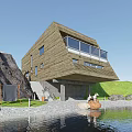 Modern Detached Villa By Waterfront With Green Lawn Rock Wooden Facade Large Windows And Balcony