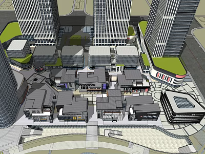 Modern Commercial Street With High Rise Buildings Low Rise Shops And Pedestrian Plaza 3d model