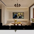 Modern Open Dining and Living Room With Beige Sofa Rug Artwork Chandelier And Herringbone Flooring