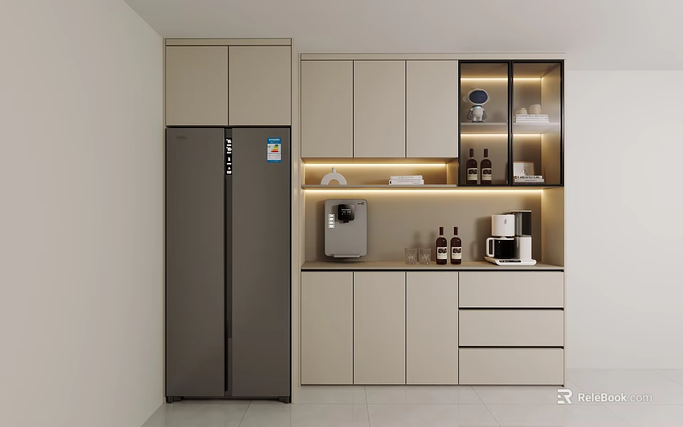 Stylish Light Toned Sideboard With LED Lighting Glass Doors Coffee Machine Next To Refrigerator 3d model 