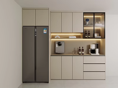 Stylish Light Toned Sideboard With LED Lighting Glass Doors Coffee Machine Next To Refrigerator 3d model