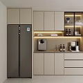 Stylish Light Toned Sideboard With LED Lighting Glass Doors Coffee Machine Next To Refrigerator