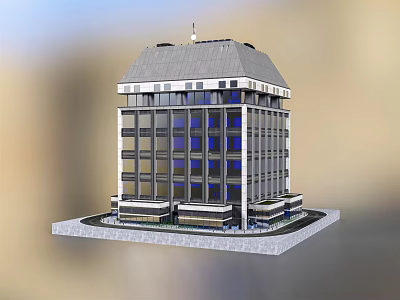 Modern Hotel Building Featuring Large Glass Windows Gray Roof and Stone Base Structure 3d model