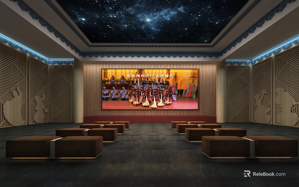 Starry Sky Ceiling Auditorium With Decorative Walls Large Screen Stage Seats And Group Of People 3d model 