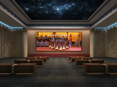 Starry Sky Ceiling Auditorium With Decorative Walls Large Screen Stage Seats And Group Of People 3d model