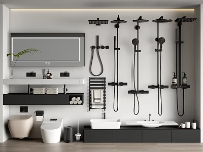 Modern Bathroom Multiple Black Shower Heads With Handheld Sprayers And Wall Mounted Design 3d model