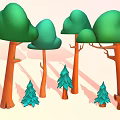 Cartoon Forest Scene With Green Mushroom Trees Orange Trunks Small Pine Trees And Pink Background