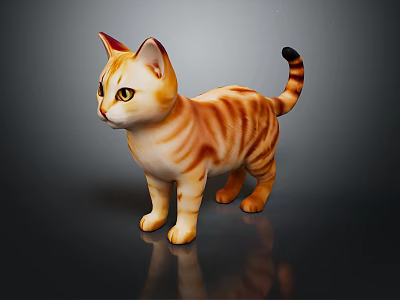 Orange And White Tabby Cat Standing With Black Tipped Tail On Dark Background And Reflection 3d model