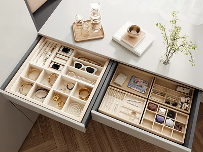 Organized Jewelry Drawer with Compartments for Rings Earrings And Necklaces on Modern Dressing Table 3d model
